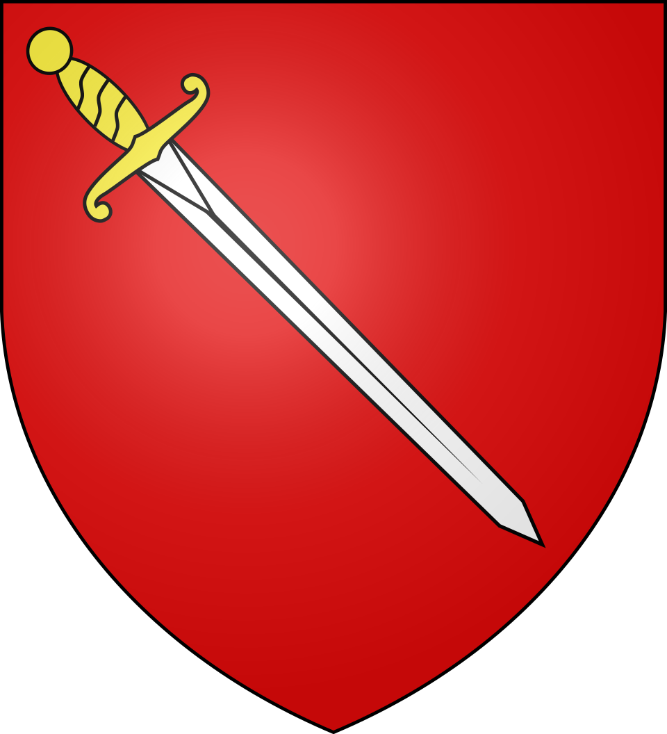Armoiries d'une branche de Villeneuve en Languedoc : épée ancienne argentée garnie d'or sur fond rouge.