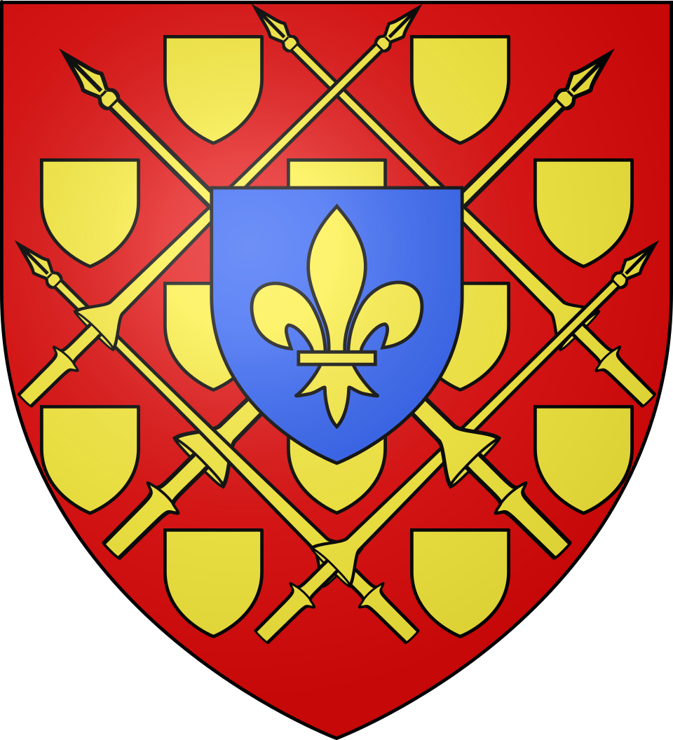 Armoiries d'une branche de Villeneuve en Provence : lances d'or entrelacées sur fond rouge et fleur de lys d'or sur fond bleu.