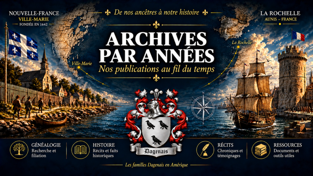 Bannière Archives par années, avec décors de Ville-Marie et de La Rochelle et blason Dagenais.