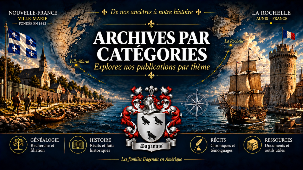 Archives par catégories des familles Dagenais en Amérique, avec Ville-Marie, La Rochelle et le blason Dagenais.