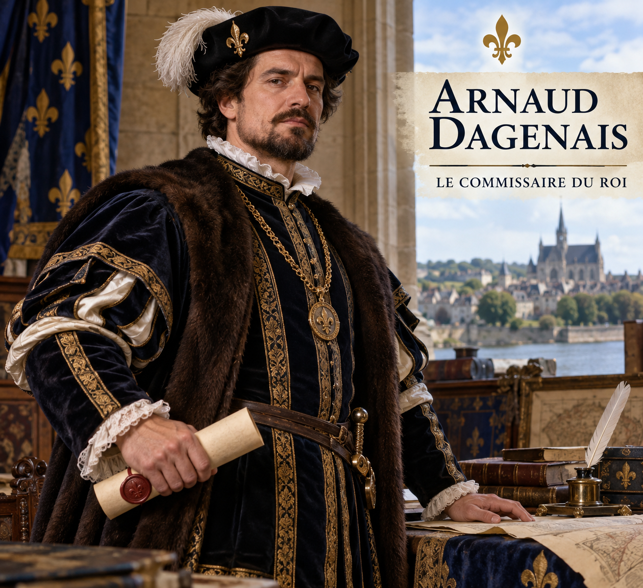 Arnaud Dagenais — Le commissaire du roi Portrait artistique d'Arnaud Dagenais, père de Pierre Dagenais dit Lépine, représenté en commissaire royal à La Rochelle au XVIIe siècle