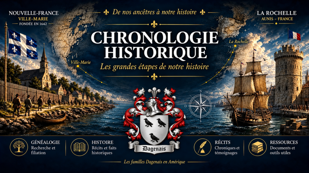 Chronologie historique, avec Ville-Marie, La Rochelle et le blason Dagenais.