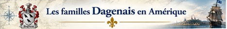 Bannière Les familles Dagenais en Amérique avec blason Dagenais, rose des vents et navire historique.