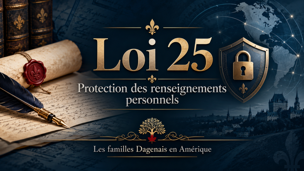 Bannière Loi 25 sur la protection des renseignements personnels, avec un cadenas sur un bouclier, des documents anciens et une carte du Québec.