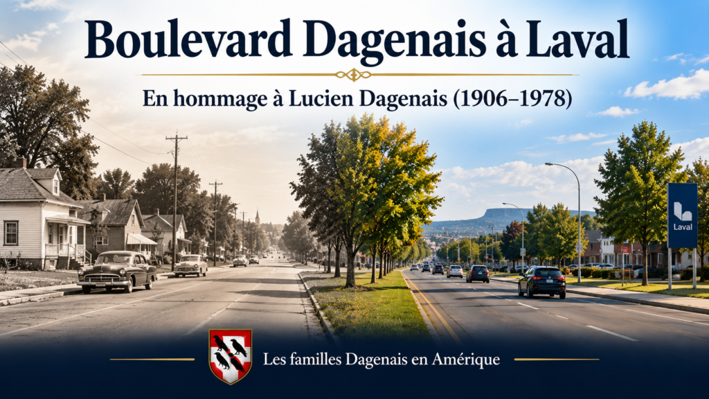 Illustration patrimoniale du boulevard Dagenais à Laval, évoquant son évolution historique et rendant hommage à Lucien Dagenais (1906–1978).