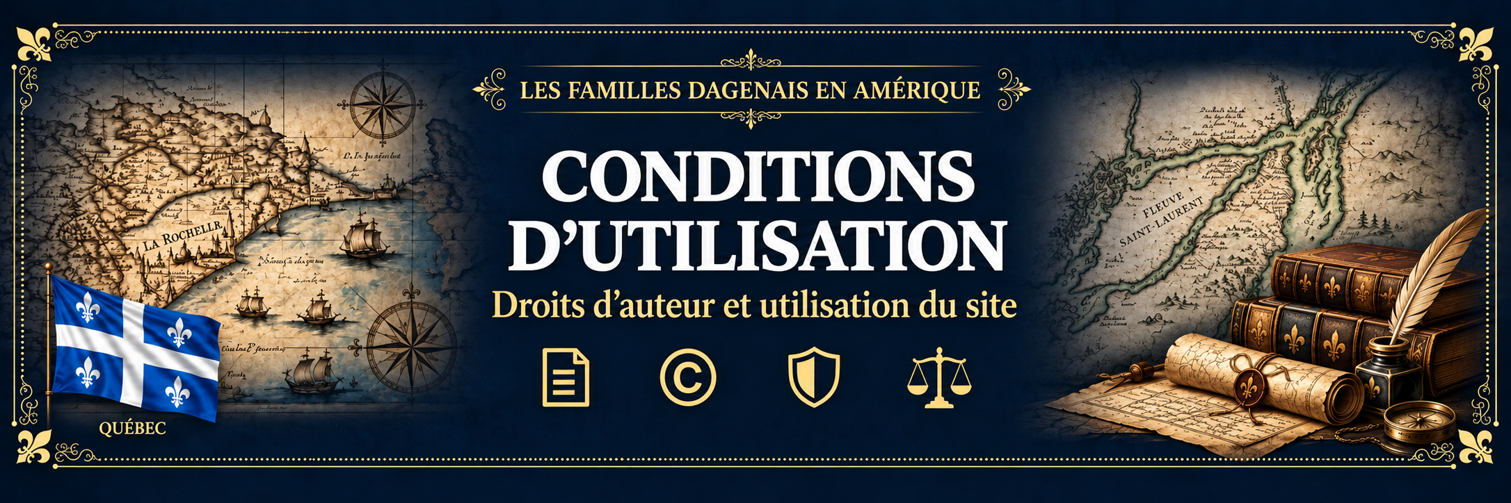 Bannière Conditions d’utilisation des familles Dagenais en Amérique, avec cartes anciennes, drapeau du Québec et symboles des droits d’auteur.