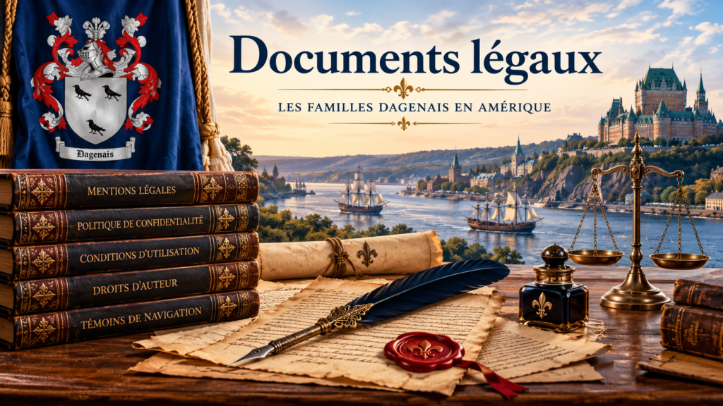 Bannière Documents légaux des familles Dagenais en Amérique, illustrée par des archives, un registre ancien et une plume.