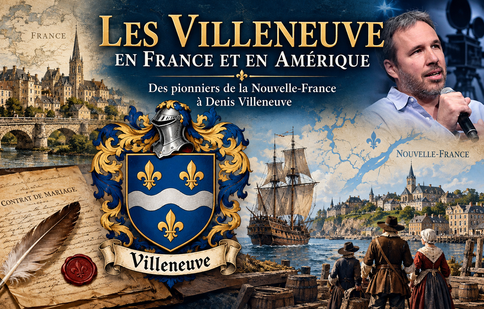 Illustration historique des familles Villeneuve entre la France et la Nouvelle-France, avec un blason de fantaisie purement décoratif, sans attribution héraldique ni filiation attestée.