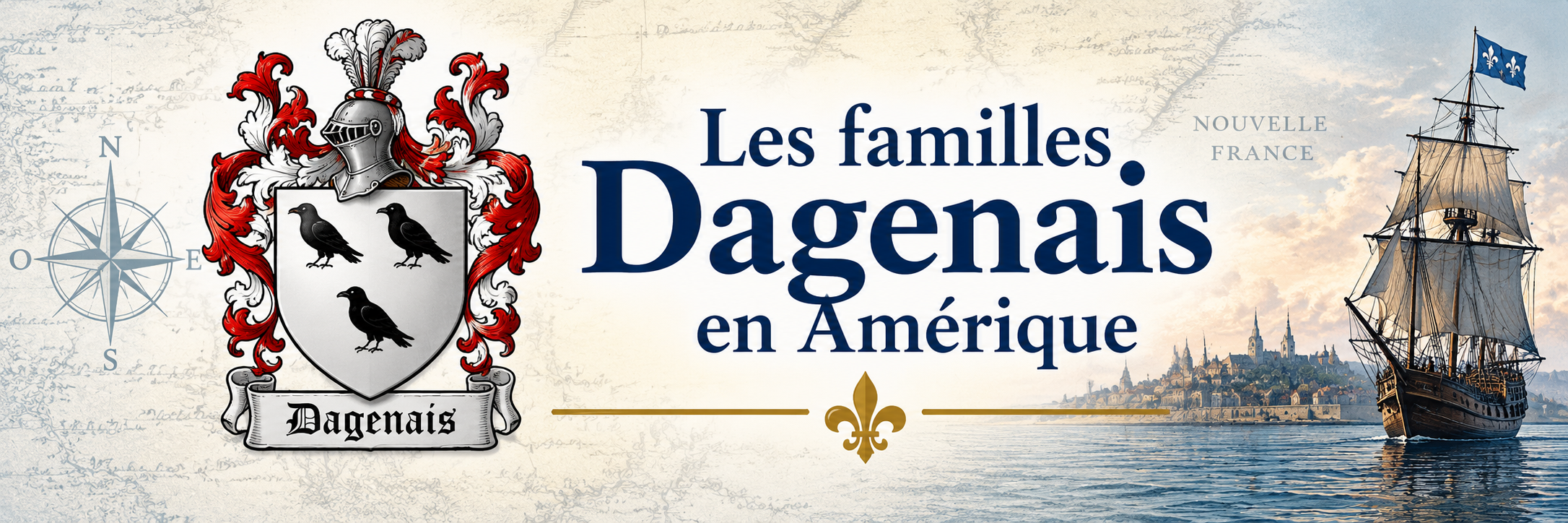 Bannière Les familles Dagenais en Amérique avec blason Dagenais, carte ancienne et navire historique.