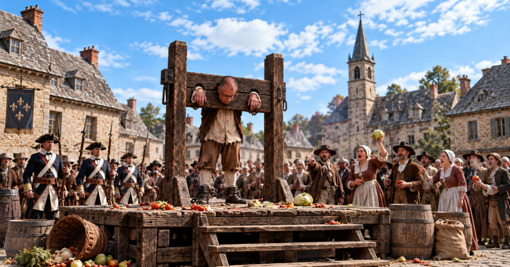 Reconstitution fictive d’un homme au pilori, tête inclinée vers le sol, devant une foule dans un village d’époque coloniale.
