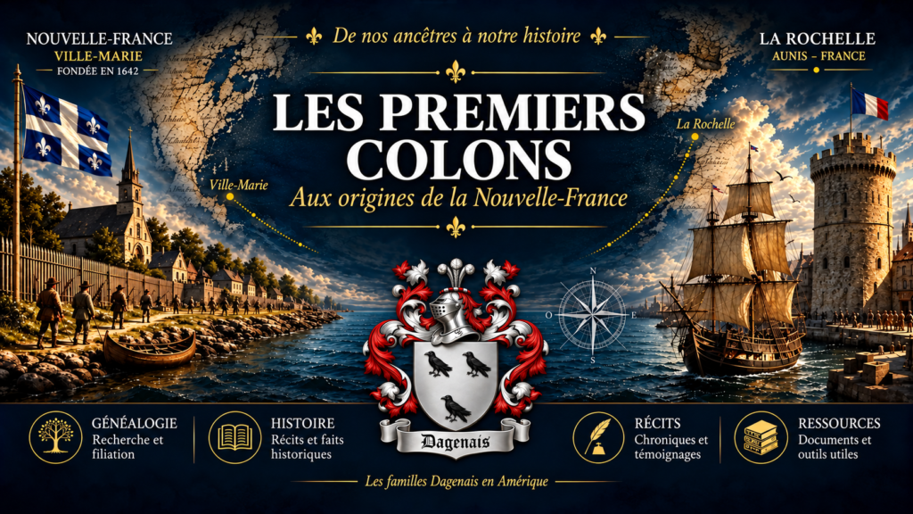 Les premiers colons, avec Ville-Marie, un navire et le blason Dagenais.