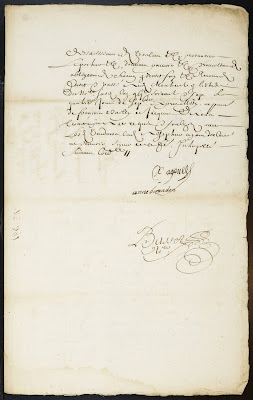 Manuscrit notarié du XVIIe siècle avec écriture cursive ancienne et passages difficiles à déchiffrer