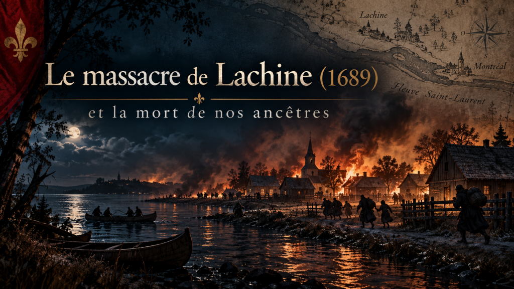 Illustration historique du massacre de Lachine en 1689, montrant un établissement de Nouvelle-France en flammes près du fleuve Saint-Laurent.