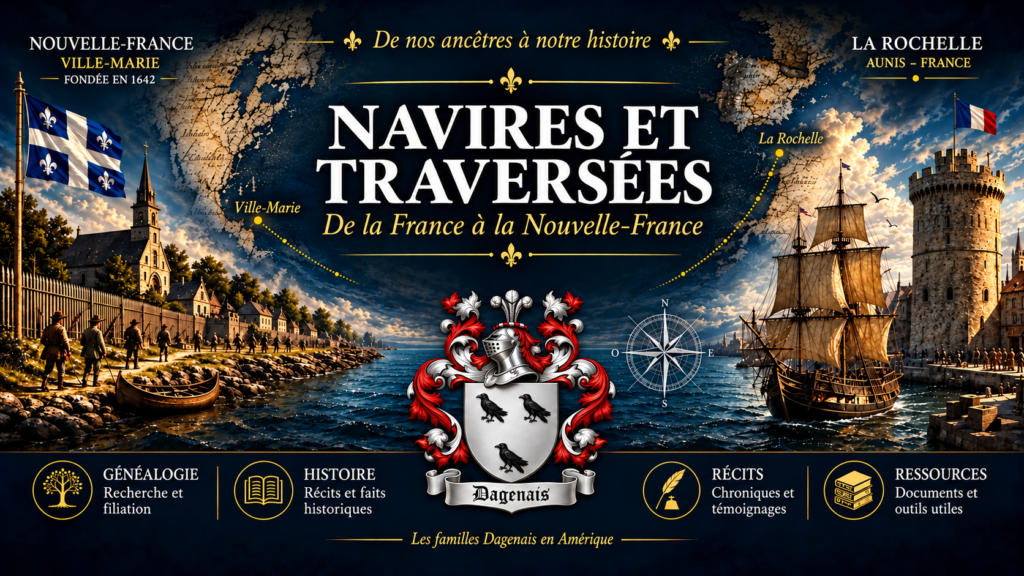 Navires et traversées, avec un voilier entre La Rochelle et Ville-Marie et le blason Dagenais.