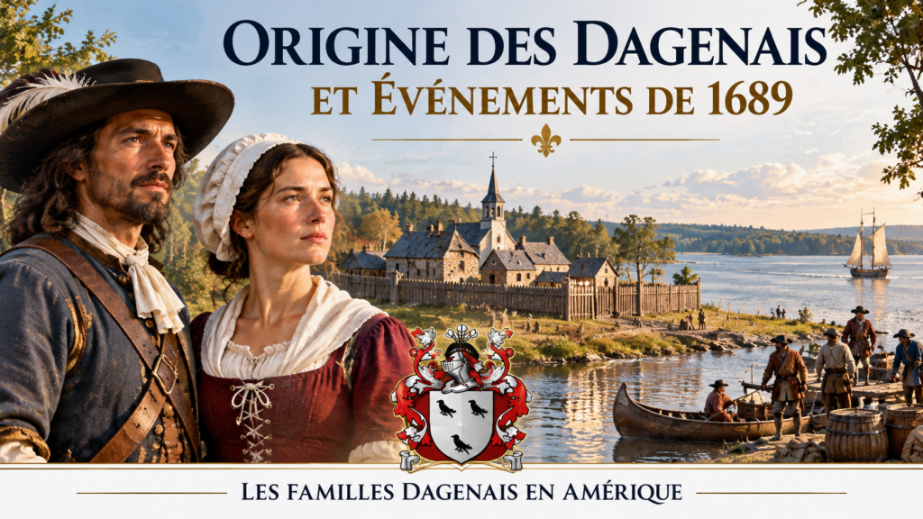 Illustration historique de Pierre Dagenais dit Lépine et Anne Marguerite Brandon devant Ville-Marie en Nouvelle-France, avec le blason Dagenais.