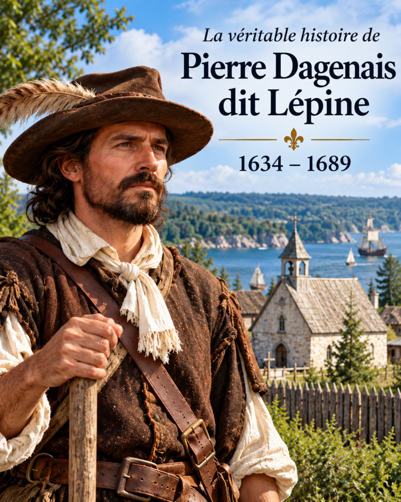 Illustration historique de Pierre Dagenais dit Lépine, colon de la Nouvelle-France au XVIIe siècle, devant un établissement de Ville-Marie.