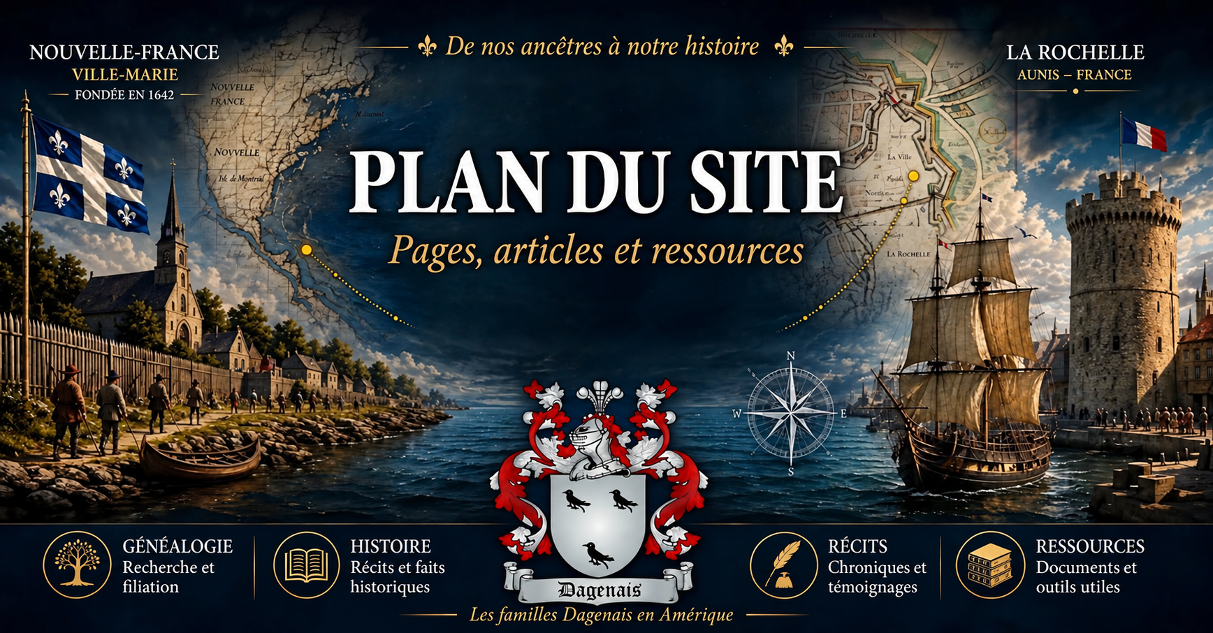 Bannière Plan du site, avec des scènes de Ville-Marie et de La Rochelle, des cartes anciennes et le blason Dagenais.