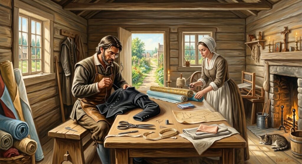 Illustration d’un tailleur cousant un vêtement et d’une femme découpant du tissu dans une maison en bois à Ville-Marie.