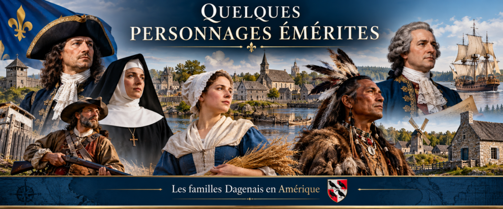 Bannière illustrée présentant des personnages historiques de la Nouvelle-France, des bâtiments coloniaux et un navire ancien, avec le titre « Quelques personnages émérites