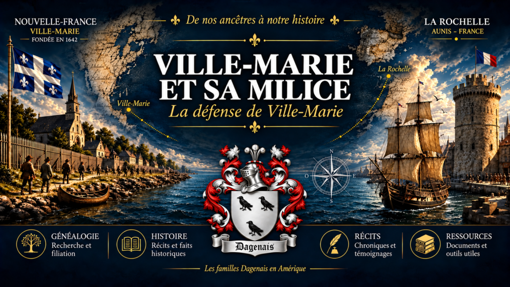 Ville-Marie et sa milice, avec une palissade, des habitants et le blason Dagenais.